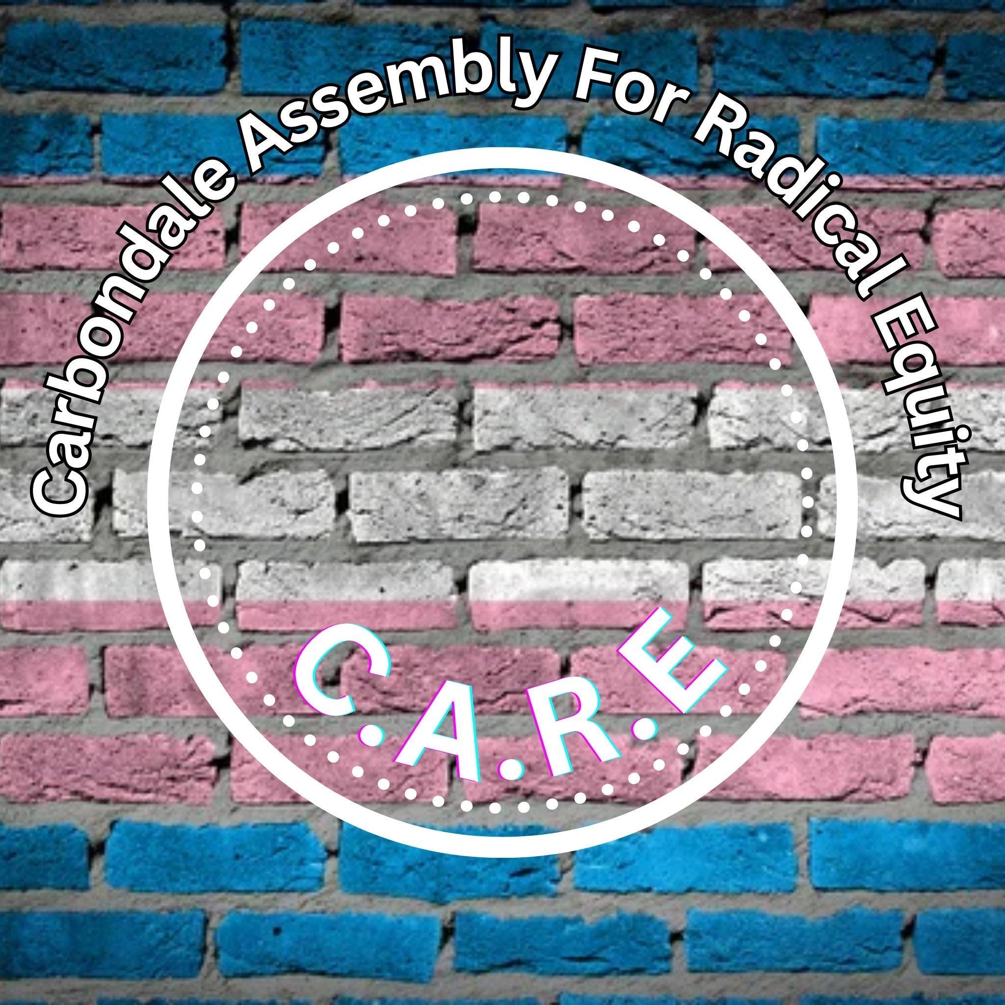 Carbondale Assembly for Radical Equity (CARE) logo in white text on blue, pink, and white brick background